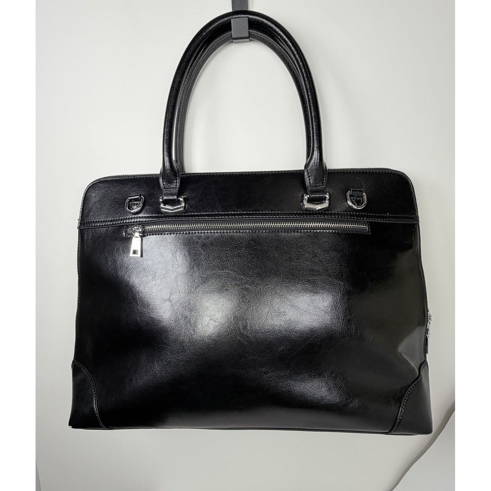 CLUCI Black Faux Leather Laptop Tote Bag Structured Double Handle‎ Zip Work